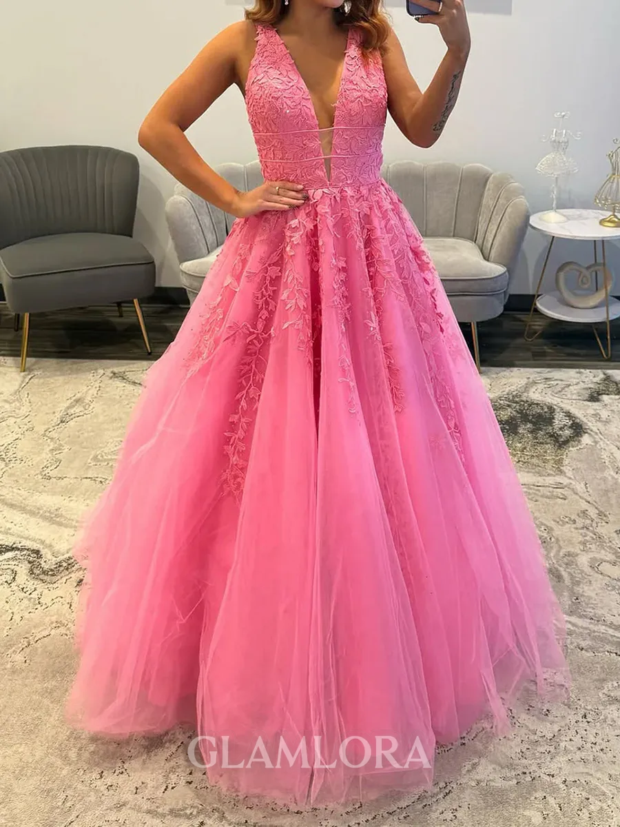 Delicate A-line V-Neck Appliques Lace Court Train Tulle Corset Prom Dress