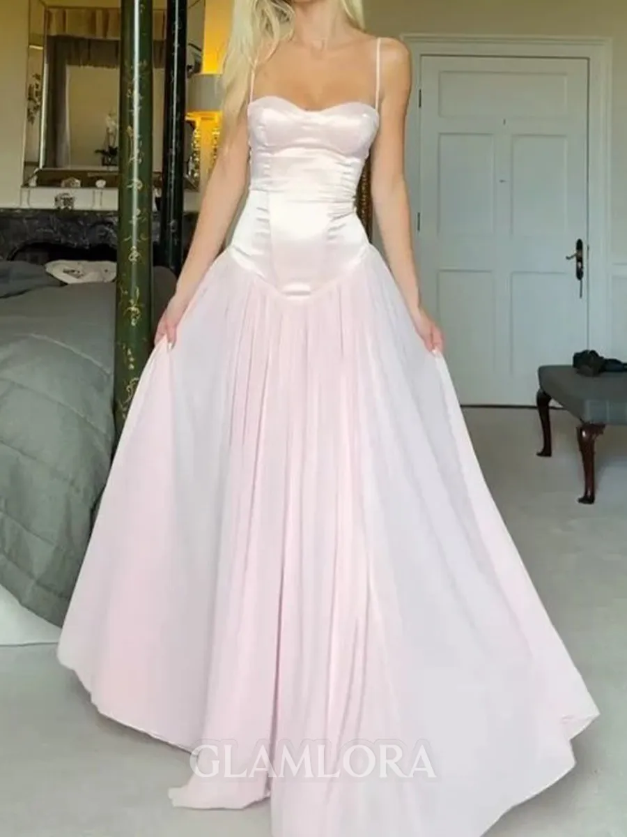 Modest A-line Spaghetti Straps Pleated Floor-Length Chiffon Corset Prom Dress