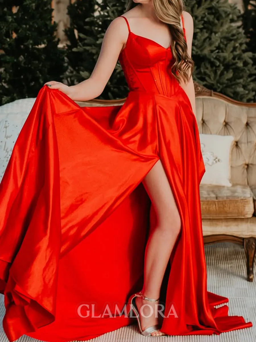 Chic A-line Spaghetti Straps Sweep Train Silk Like Satin Corset Prom Dress