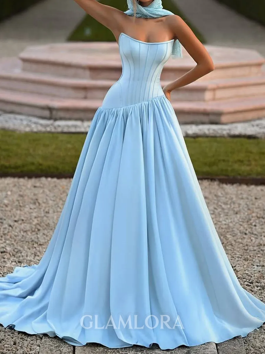 Stylish A-line Straight Pleated Sweep Train Stretch Crepe Prom Dress