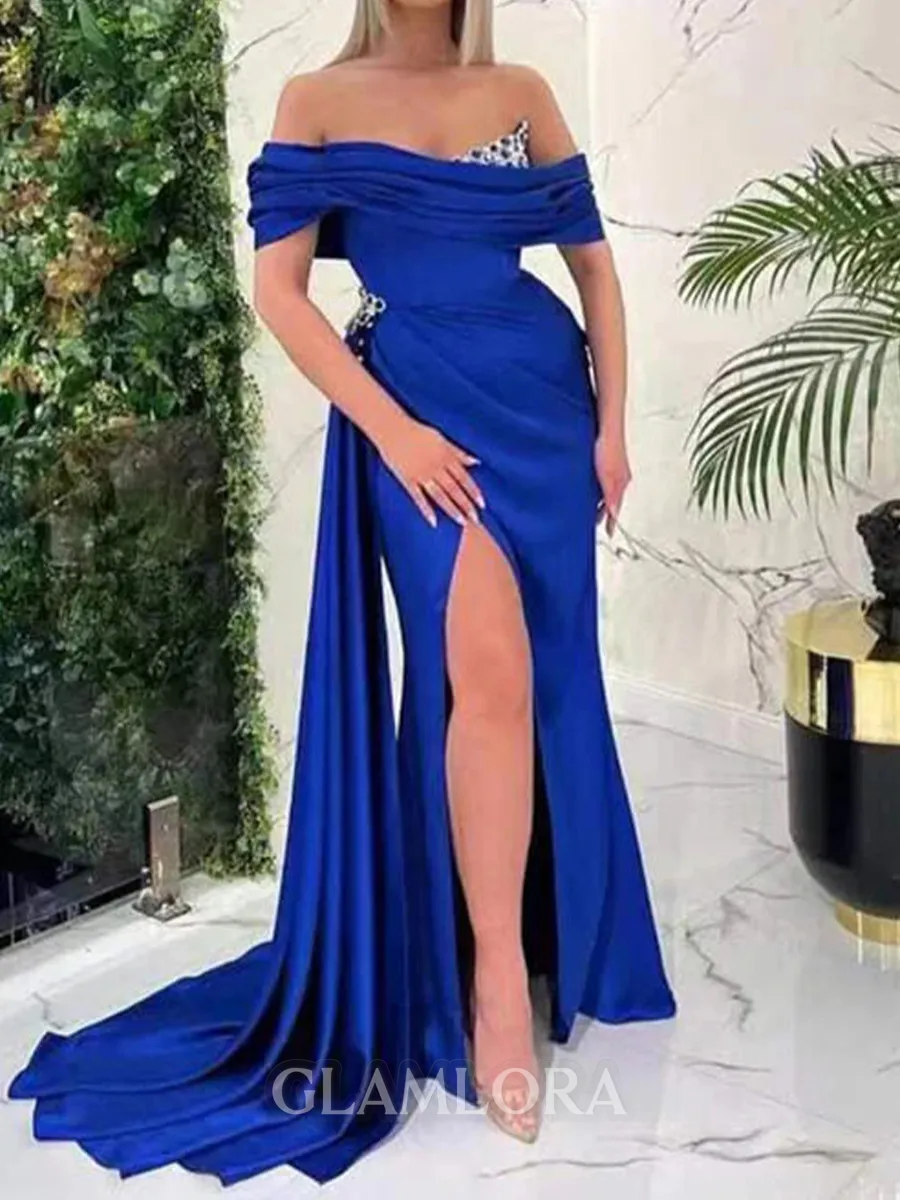 Refined Sheath Off-the-Shoulder Sash/Ribbon/Belt Floor-Length Silk Like Satin Corset Prom Dress