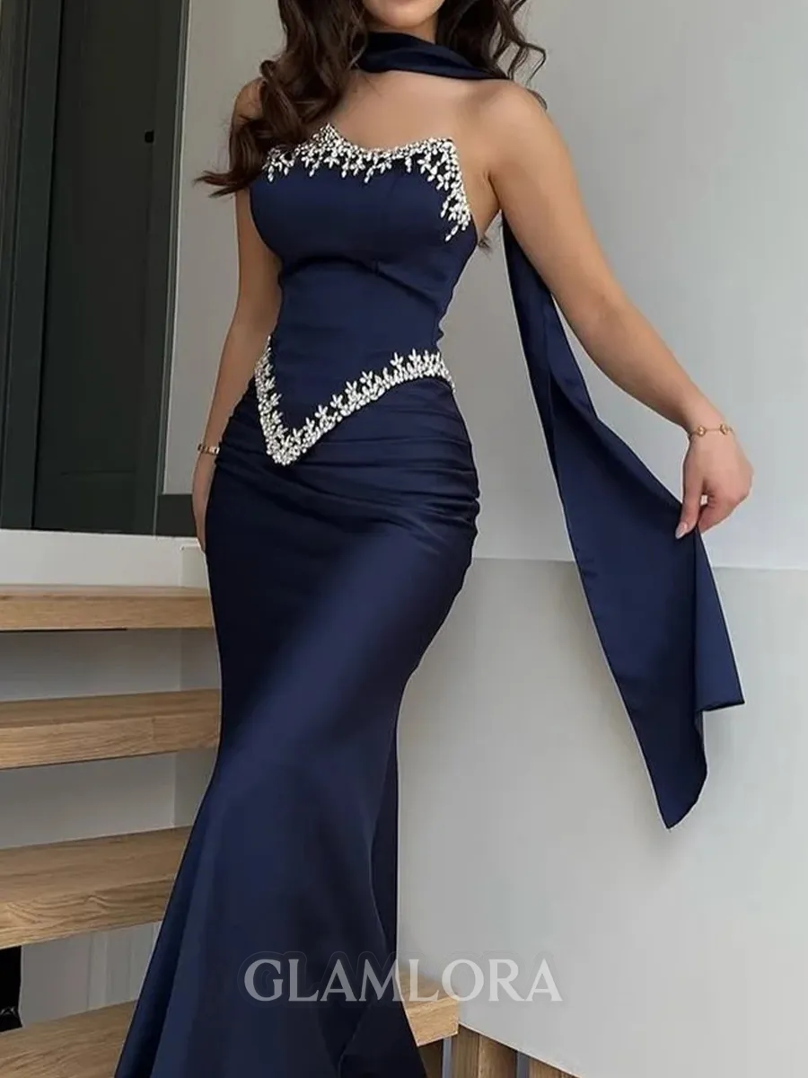 Crisp Sheath Scoop Rhinestone Floor-Length Silk Like Satin Corset Prom Dress