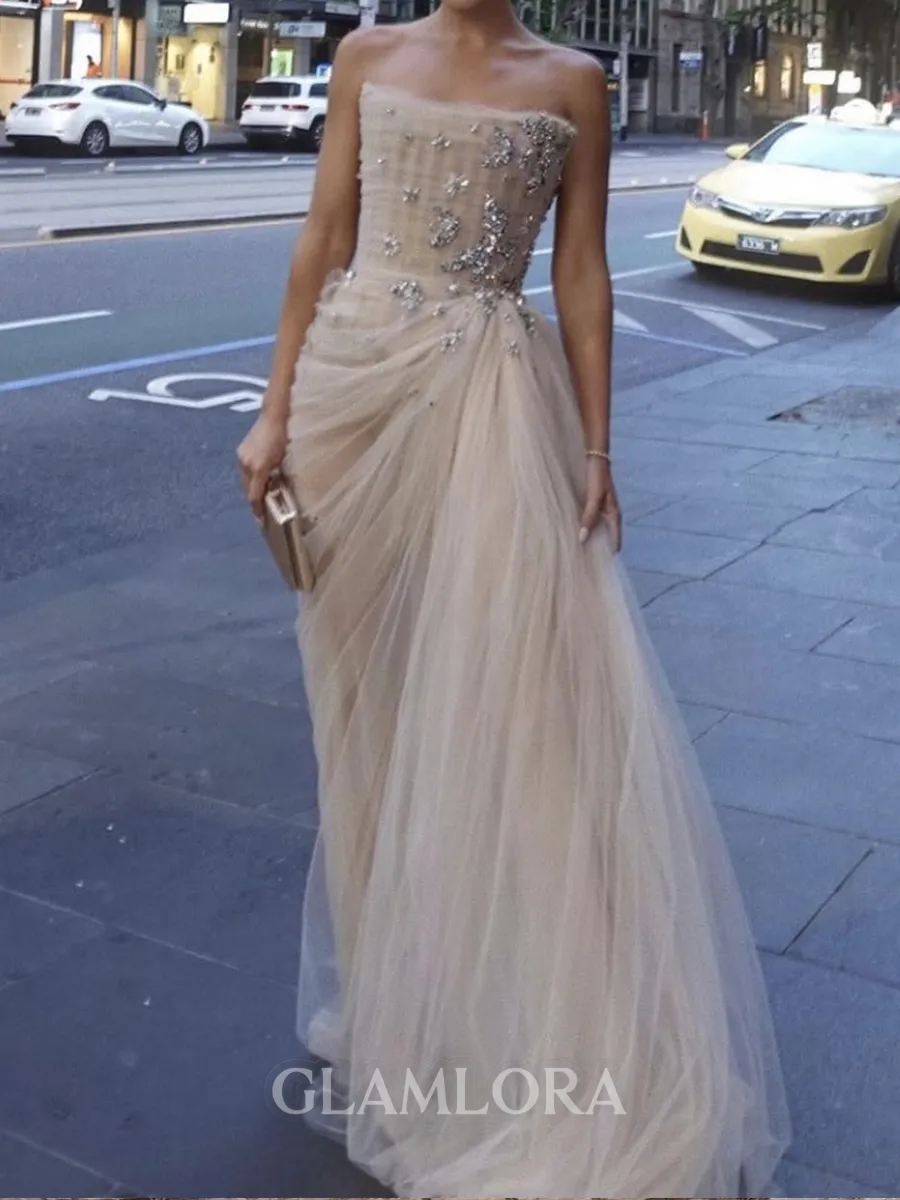 Fashion Sheath Straight Rhinestone Sweep Train Tulle Corset Prom Dress