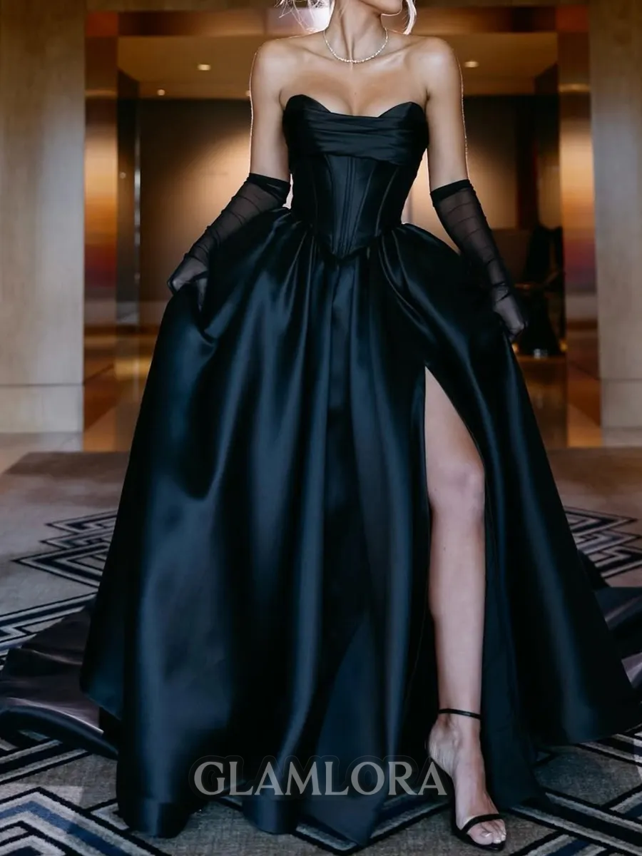 Splendid A-Line Sweetheart Pleated Chapel Train Satin Corset Prom Dress