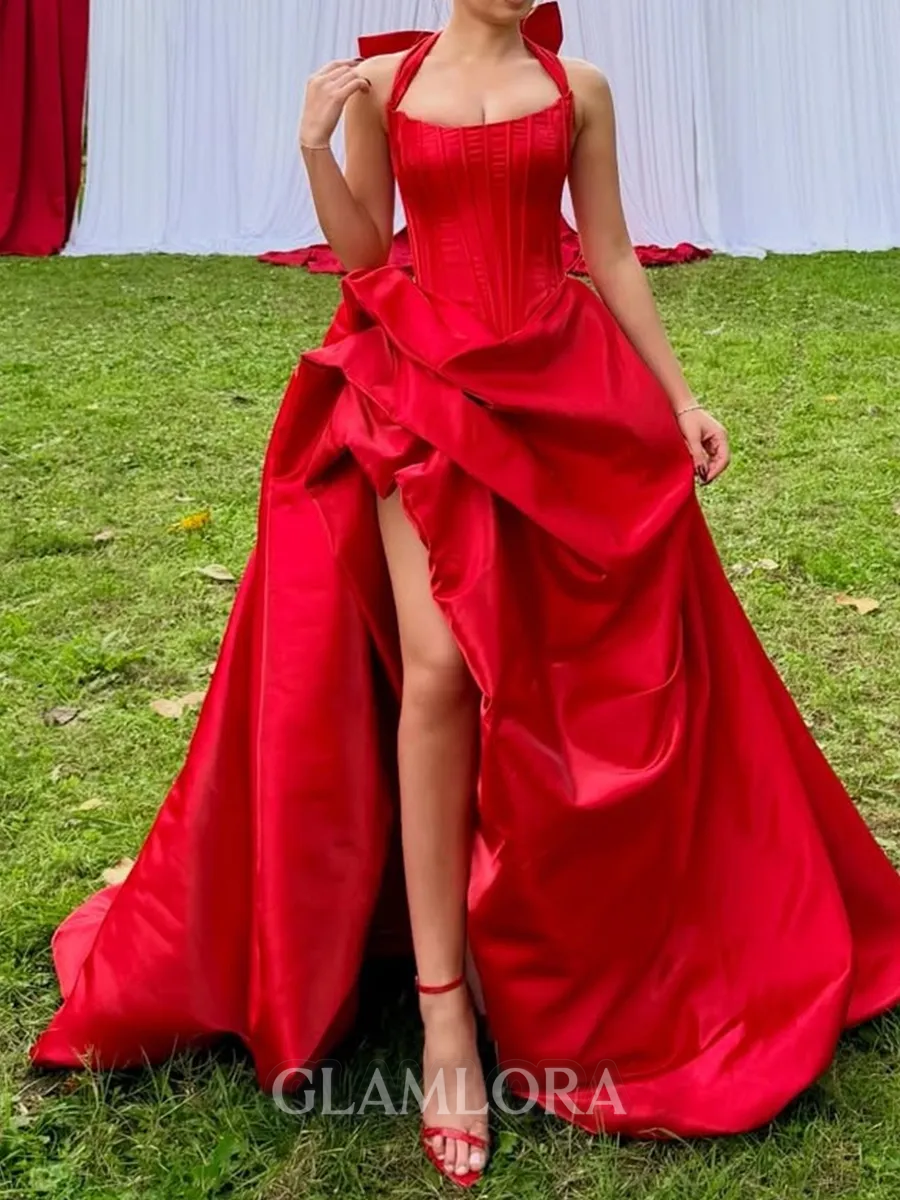 Luxurious A-Line Halter Bow Chapel Train Satin Corset Prom Dress