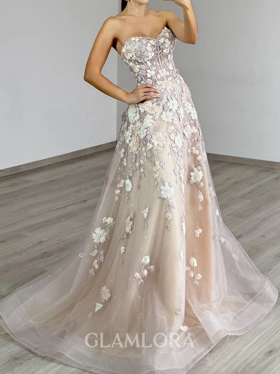 Show-stopping A-Line Sweetheart Appliques Lace Sweep Train Tulle Corset Prom Dress