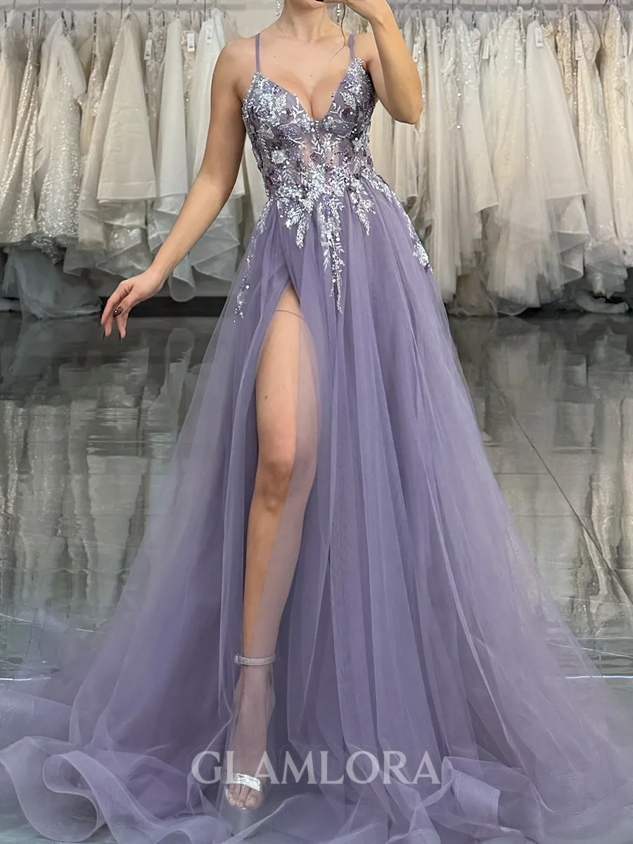 Mesmerizing A-Line Spaghetti Straps Appliques Lace Sweep Train Tulle Corset Prom Dress