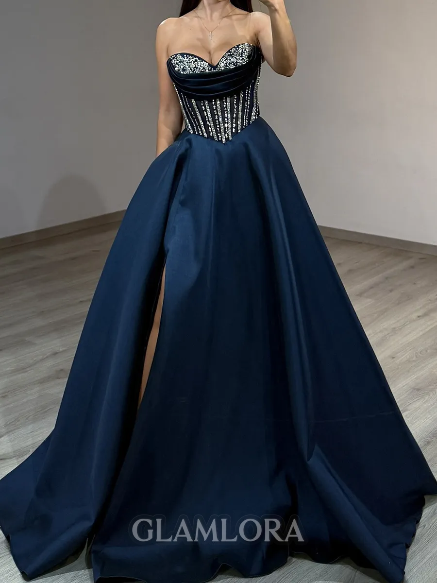 Striking A-Line Sweetheart Beading Sweep Train Satin Corset Prom Dress