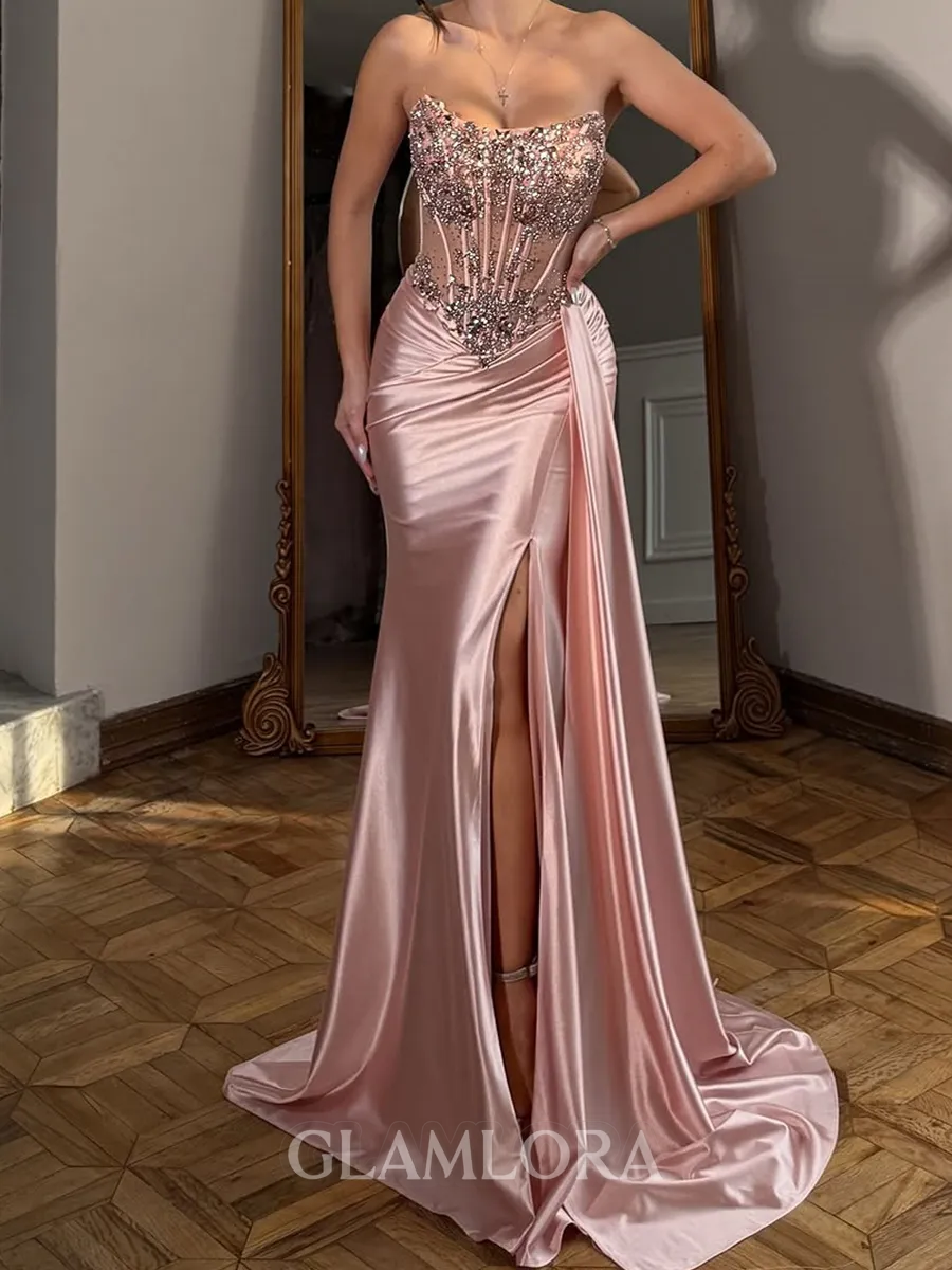 Splendiferous Sheath Straight Pleated Sweep Train Silk Like Satin Corset Prom Dress