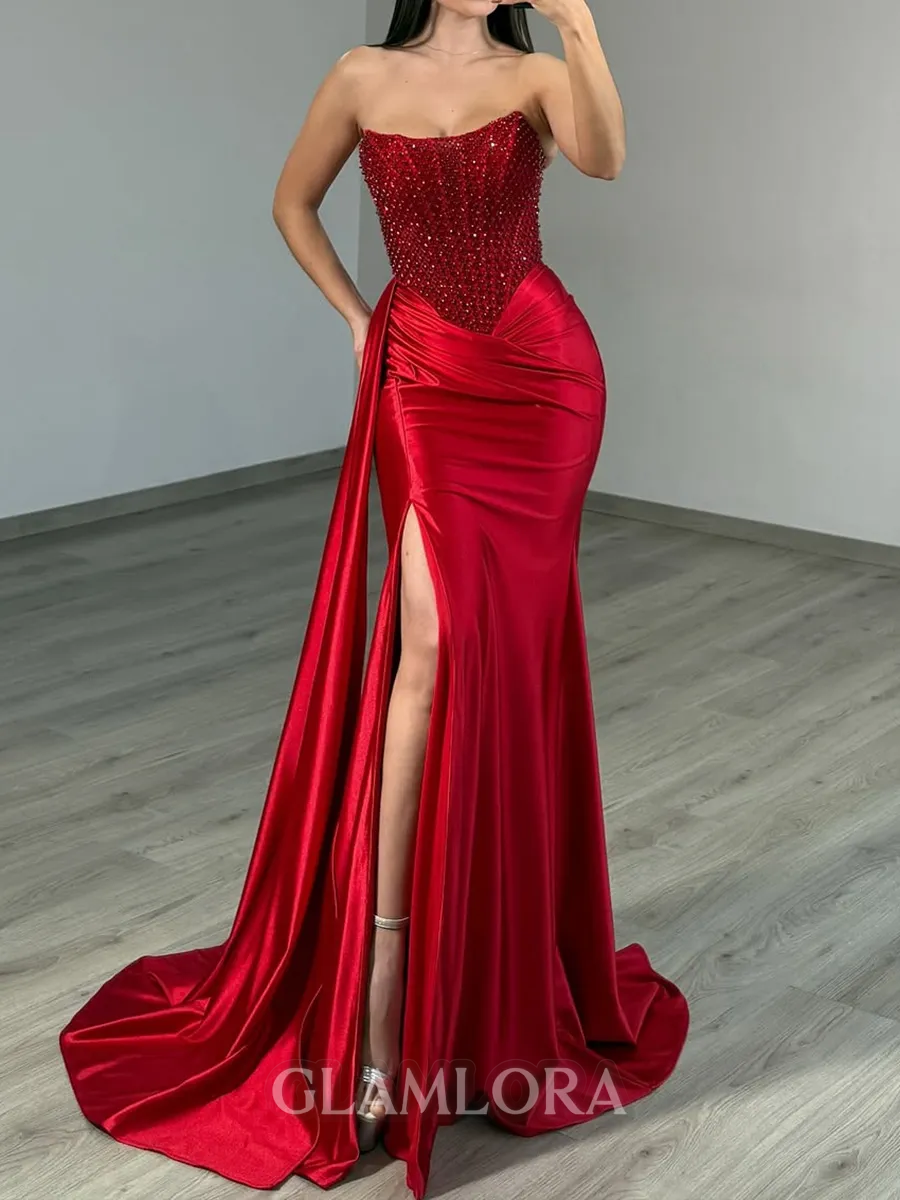 Fashion Sheath Straight Beading Sweep Train Corset Prom Dress