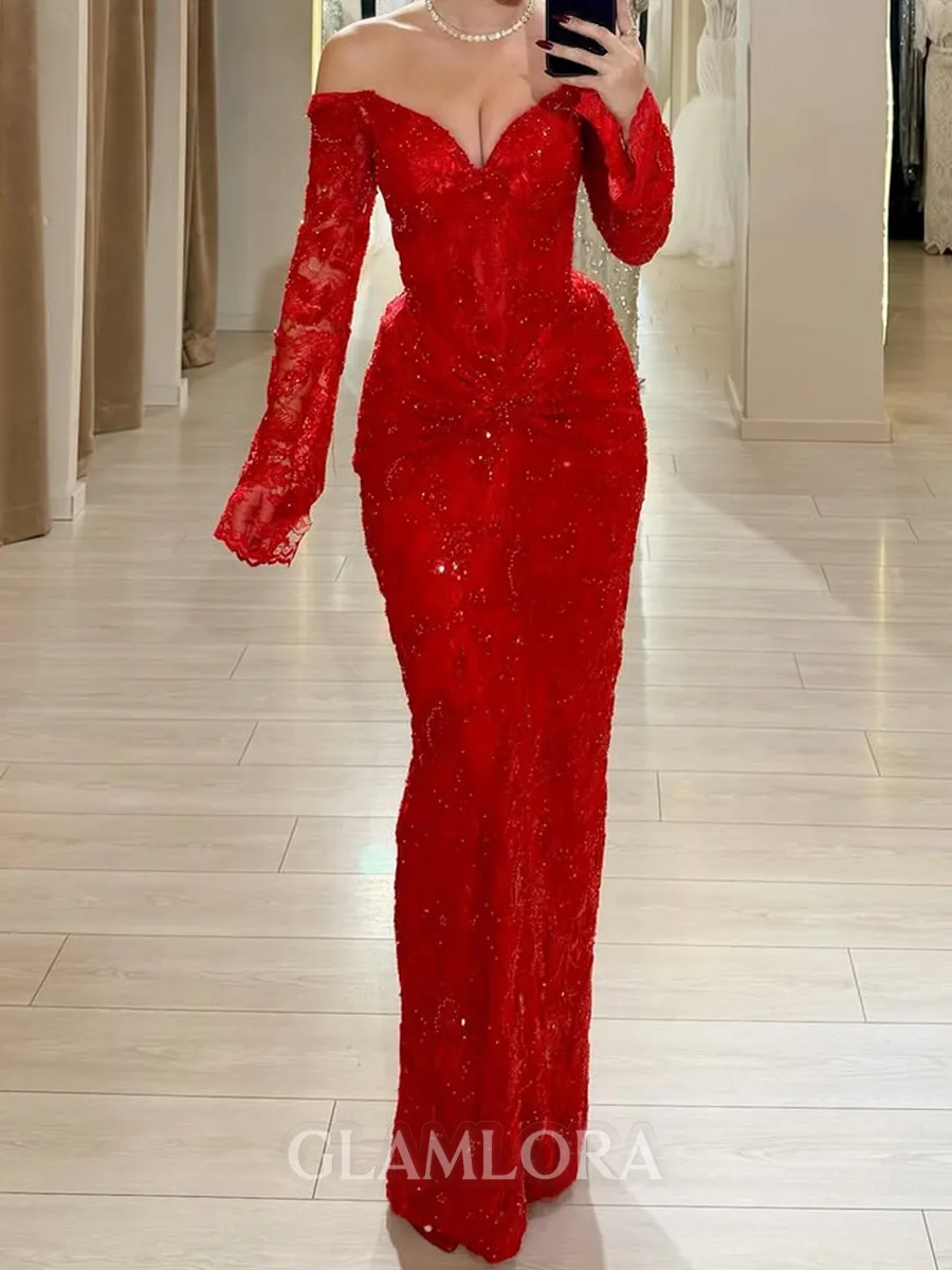 Hot Sheath Off-the-Shoulder Long Sleeves Appliques Lace Floor-Length Lace Corset Prom Dress