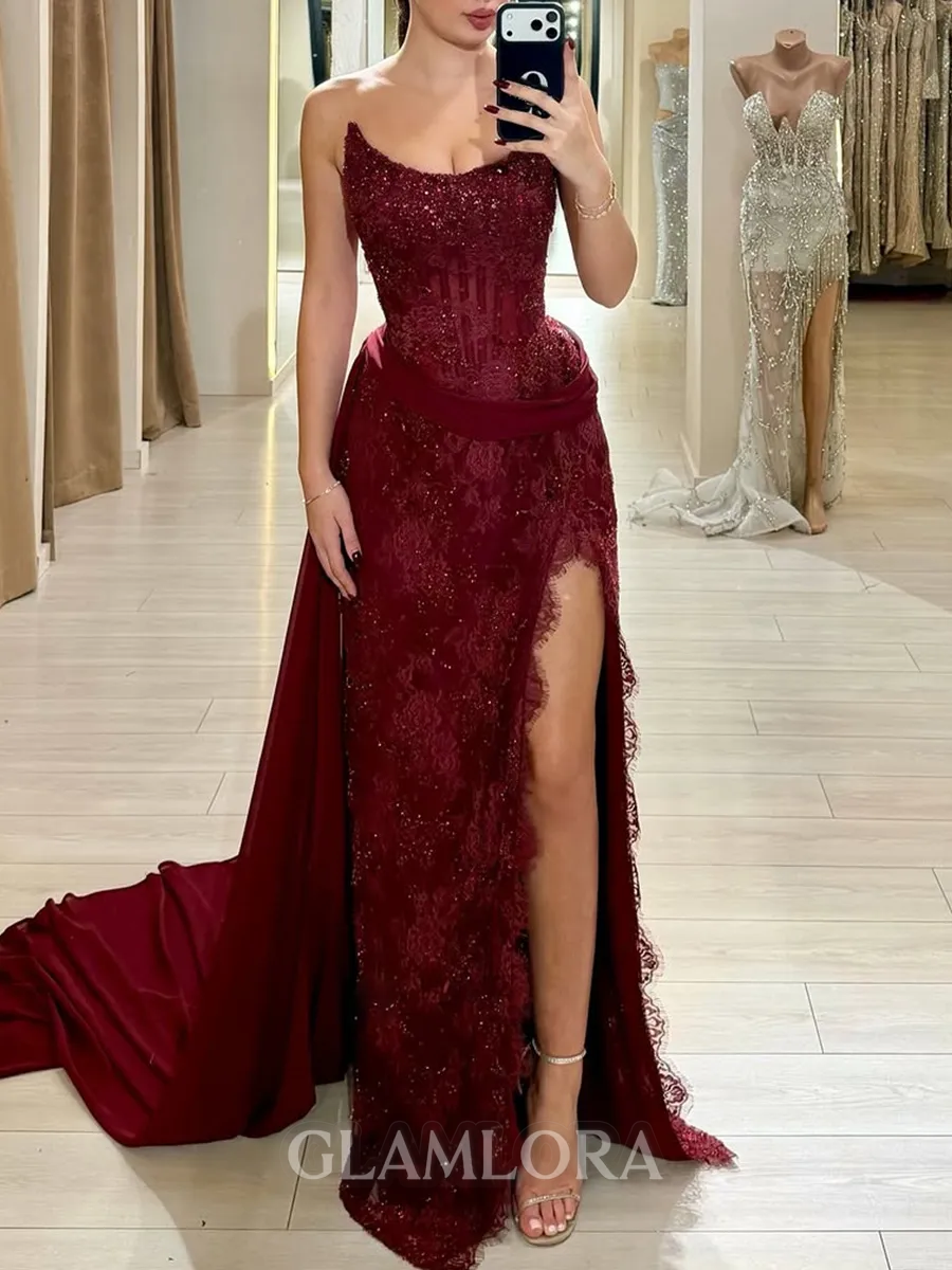 Glamorous Sheath Straight Sequin Chapel Train Lace Corset Prom Dress