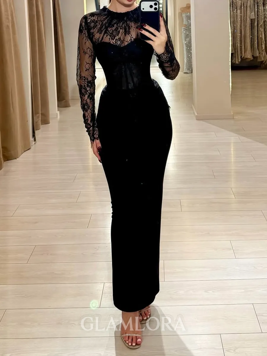 Opulent Sheath Scoop Long Sleeves Appliques Lace Ankle-Length Stretch Crepe Prom Dress