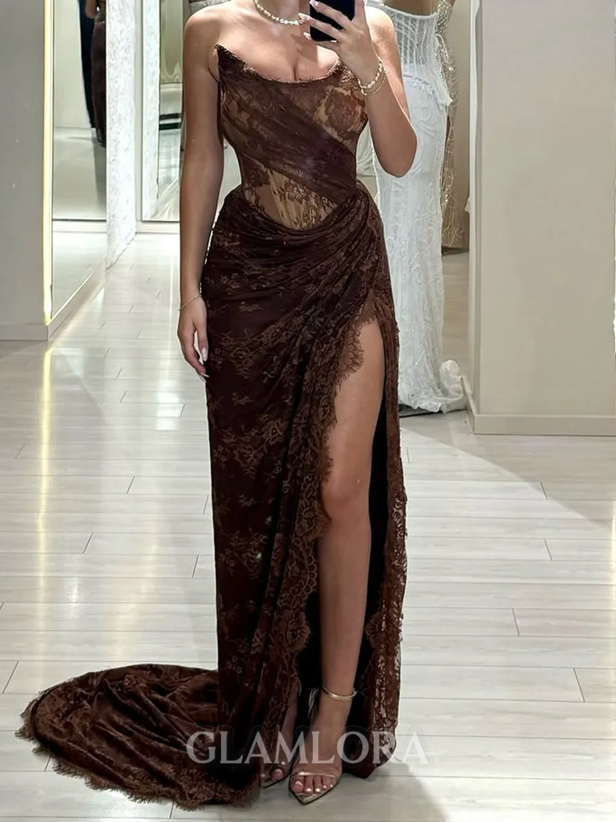 Stunning Sheath Straight Appliques Lace Court Train Lace Prom Dress