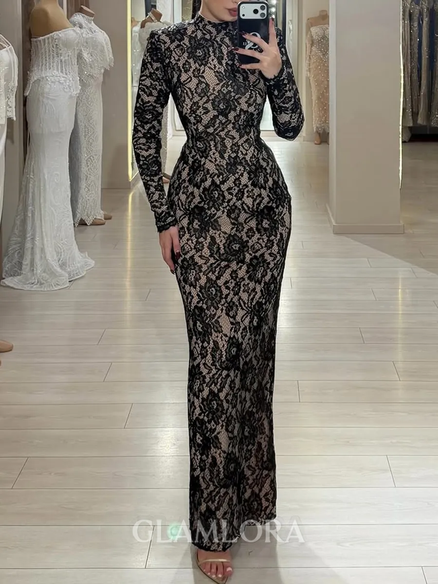 Grand Sheath Scoop Long Sleeves Appliques Lace Floor-Length Lace Prom Dress