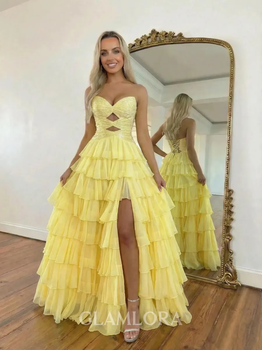 Gorgeous A-Line Sweetheart Cascading Ruffles Sweep Train Chiffon Corset Prom Dress