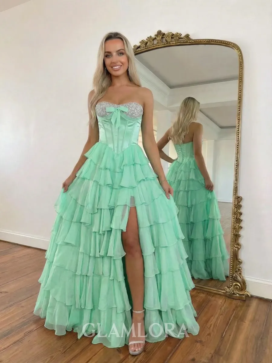Captivating A-Line Sweetheart Cascading Ruffles Sweep Train Chiffon Corset Prom Dress