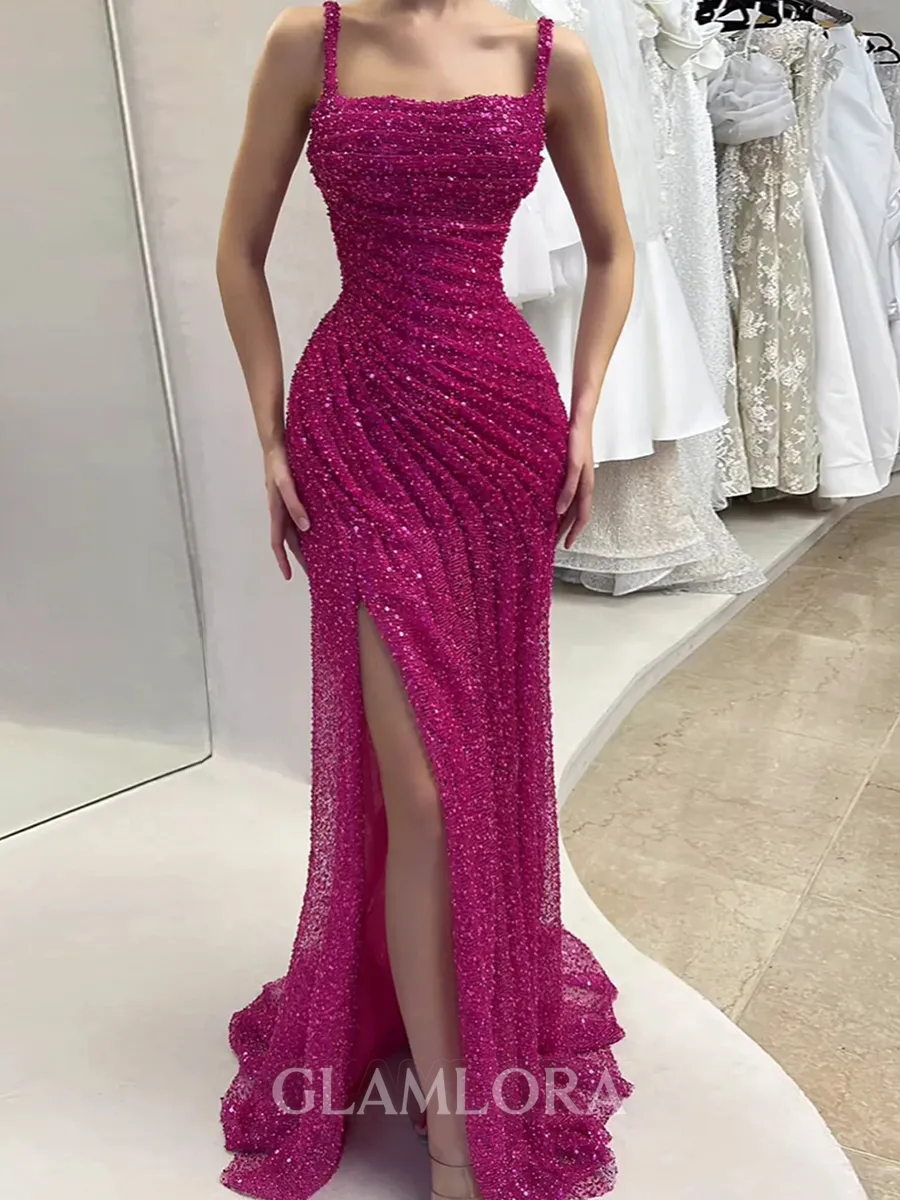 Glamorous Sheath Square Sequin Sweep Train Corset Prom Dress