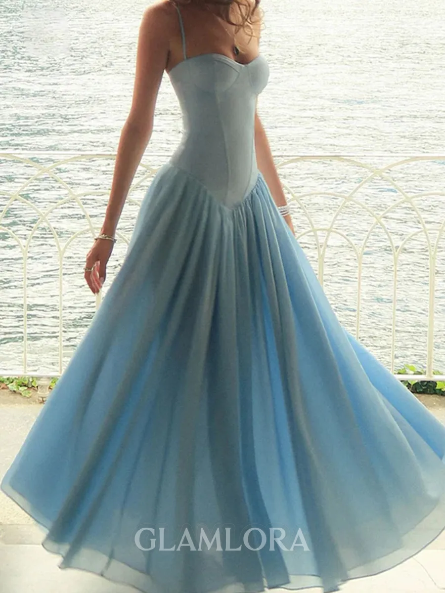 Fashion A-Line Spaghetti Straps Ruffles Floor-Length Stretch Crepe Corset Prom Dress