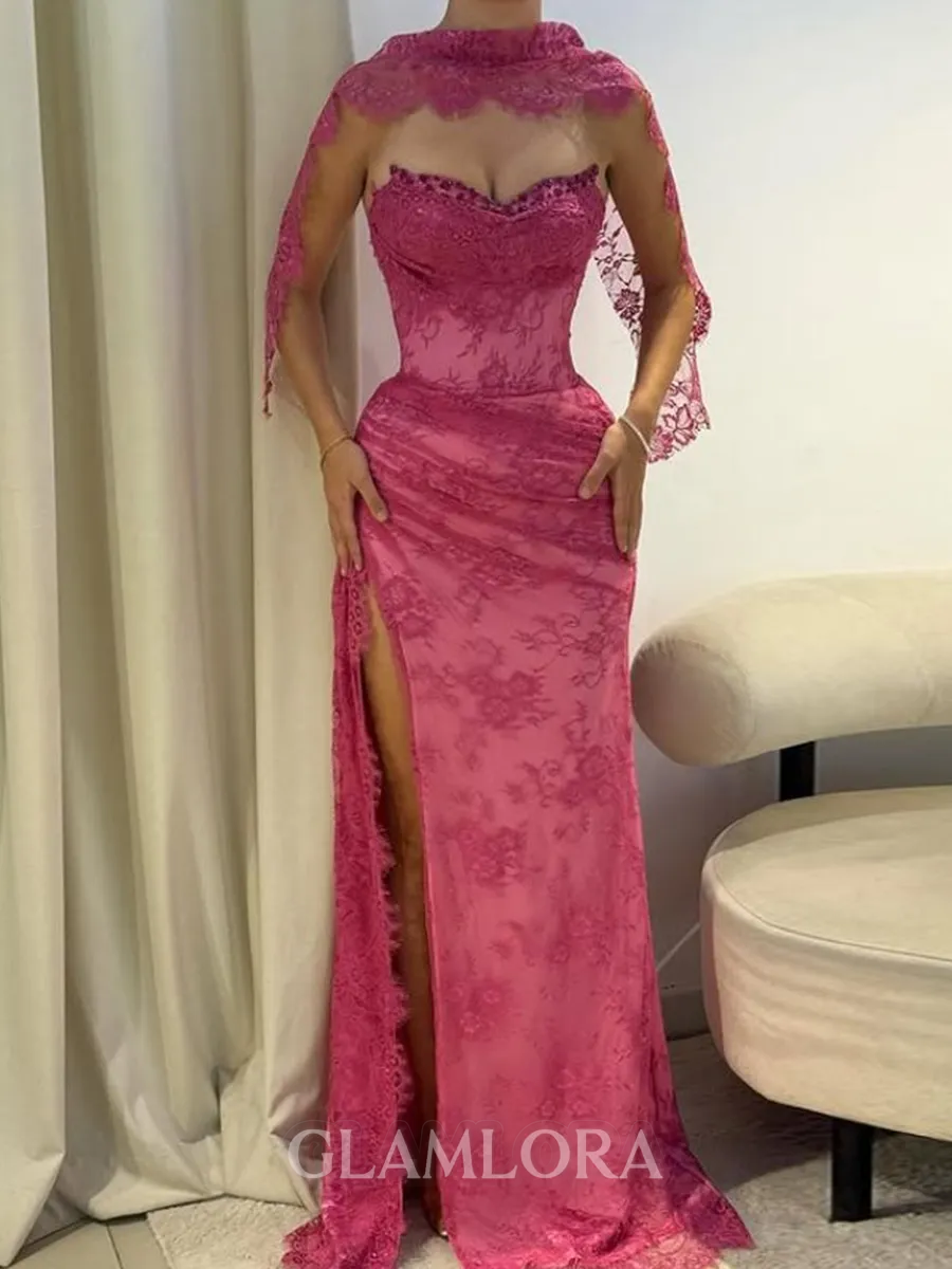 Pretty Sheath Sweetheart Appliques Lace Sweep Train Tulle Prom Dress