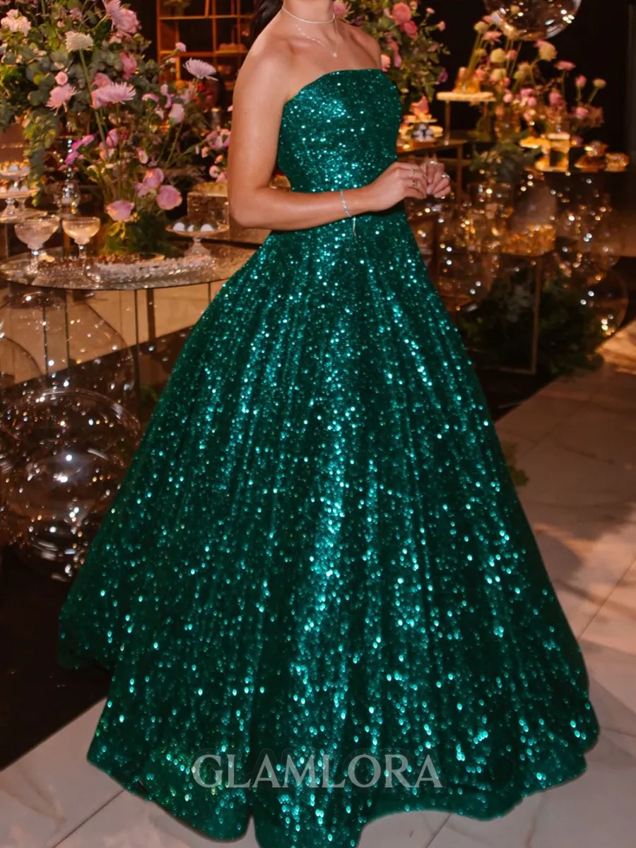 Delicate A-Line Straight Sequin Floor-Length Sequins Prom Dress