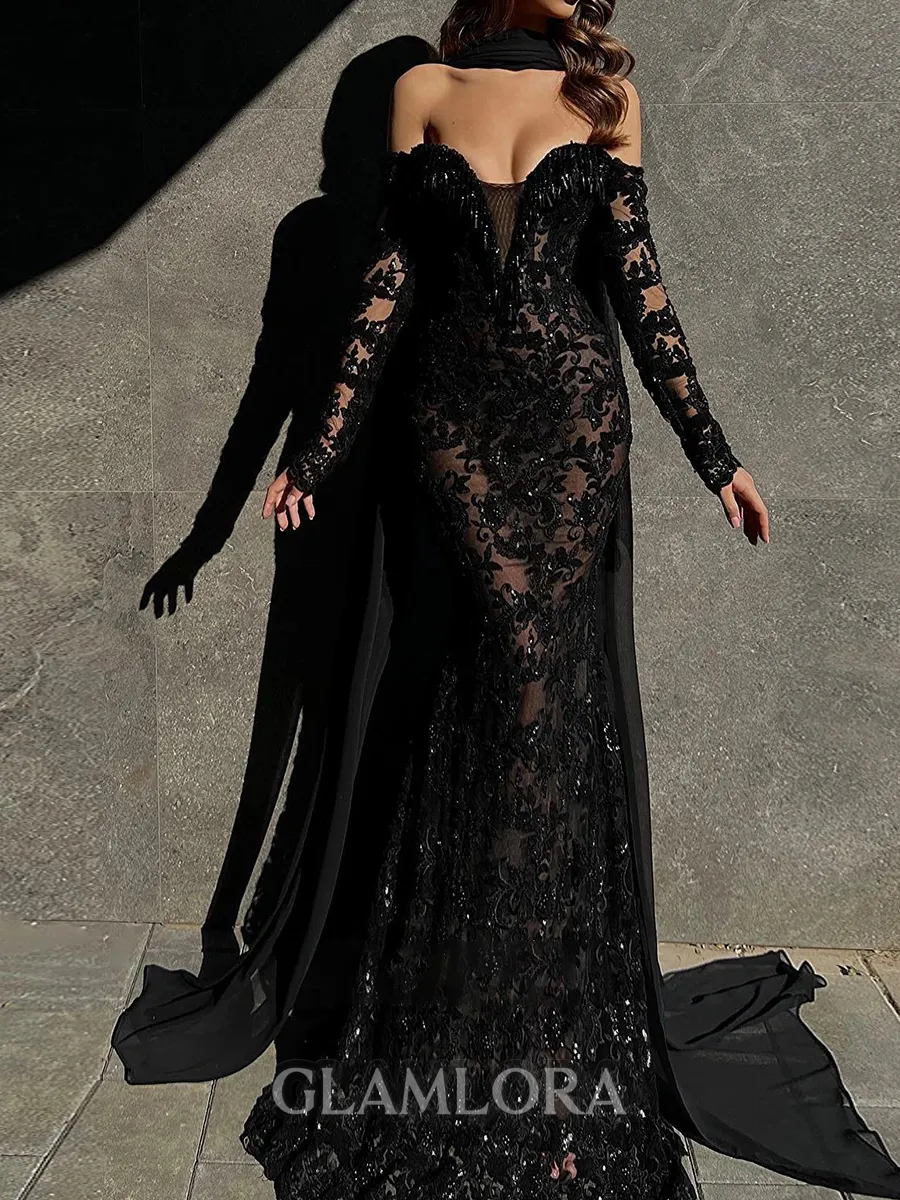 Breathtaking Mermaid Off-the-Shoulder Long Sleeves Sequin Sweep Train Chiffon Prom Dress