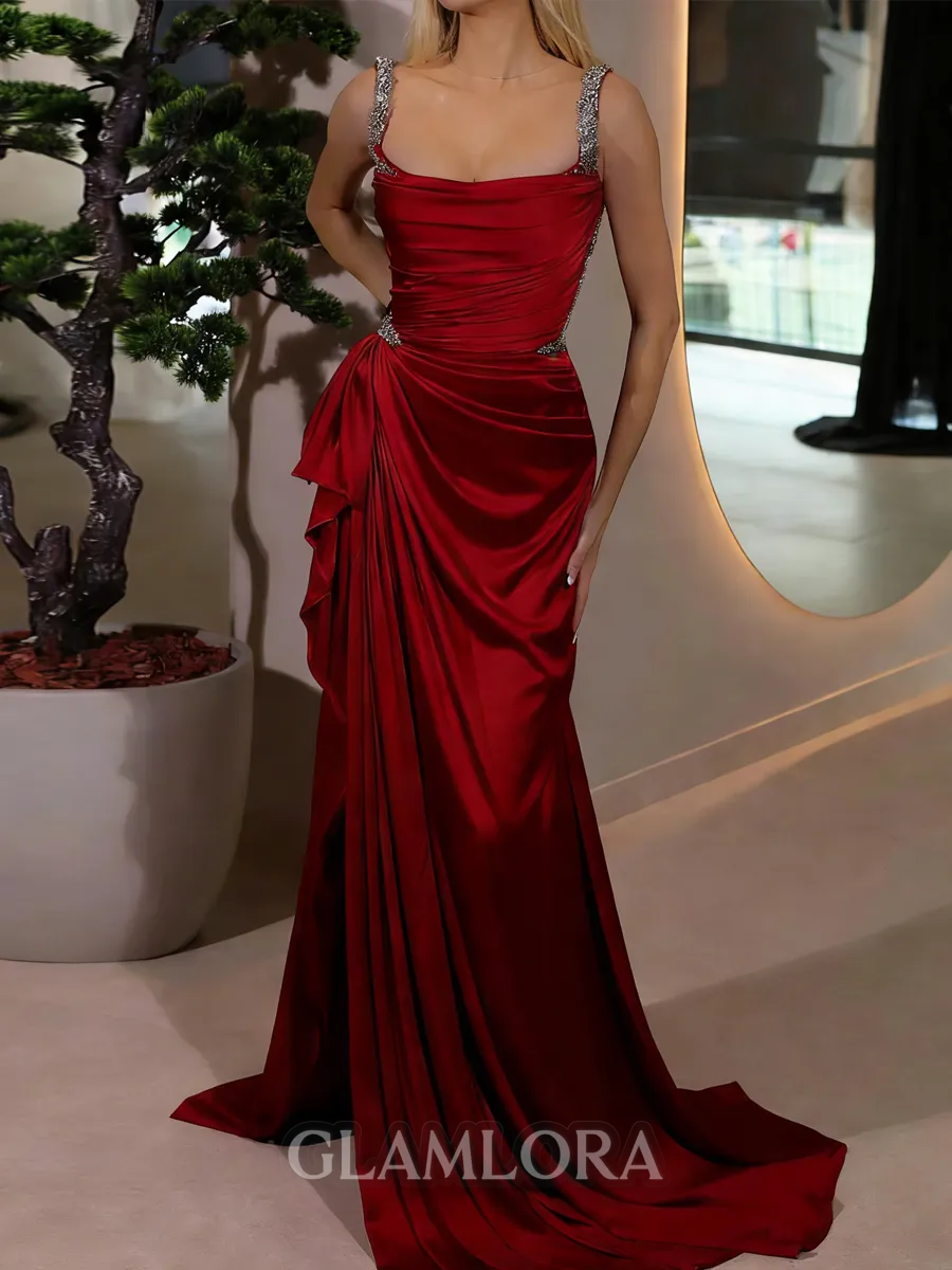 Show-stopping Sheath Square Beading Sweep Train Jersey Prom Dress