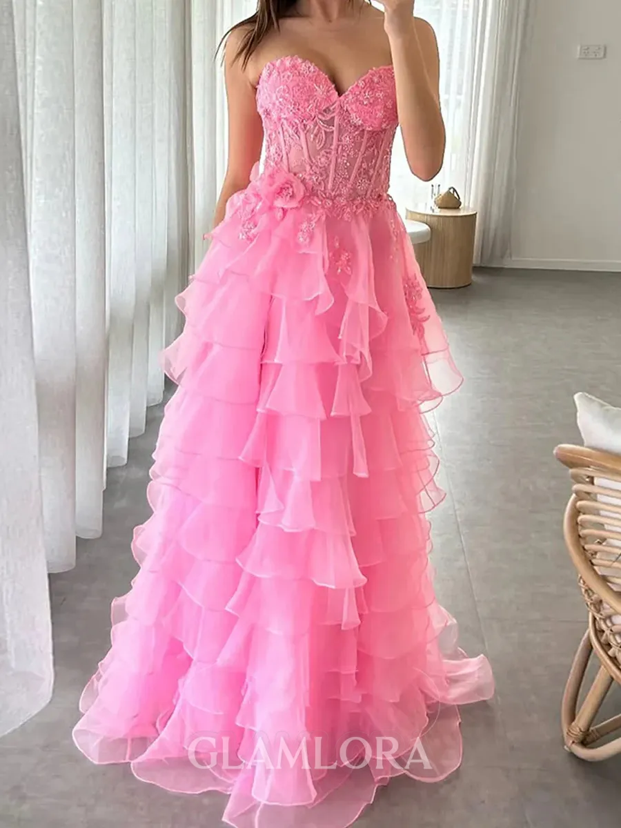 Captivating A-Line Sweetheart Cascading Ruffles Floor-Length Tulle Corset Prom Dress