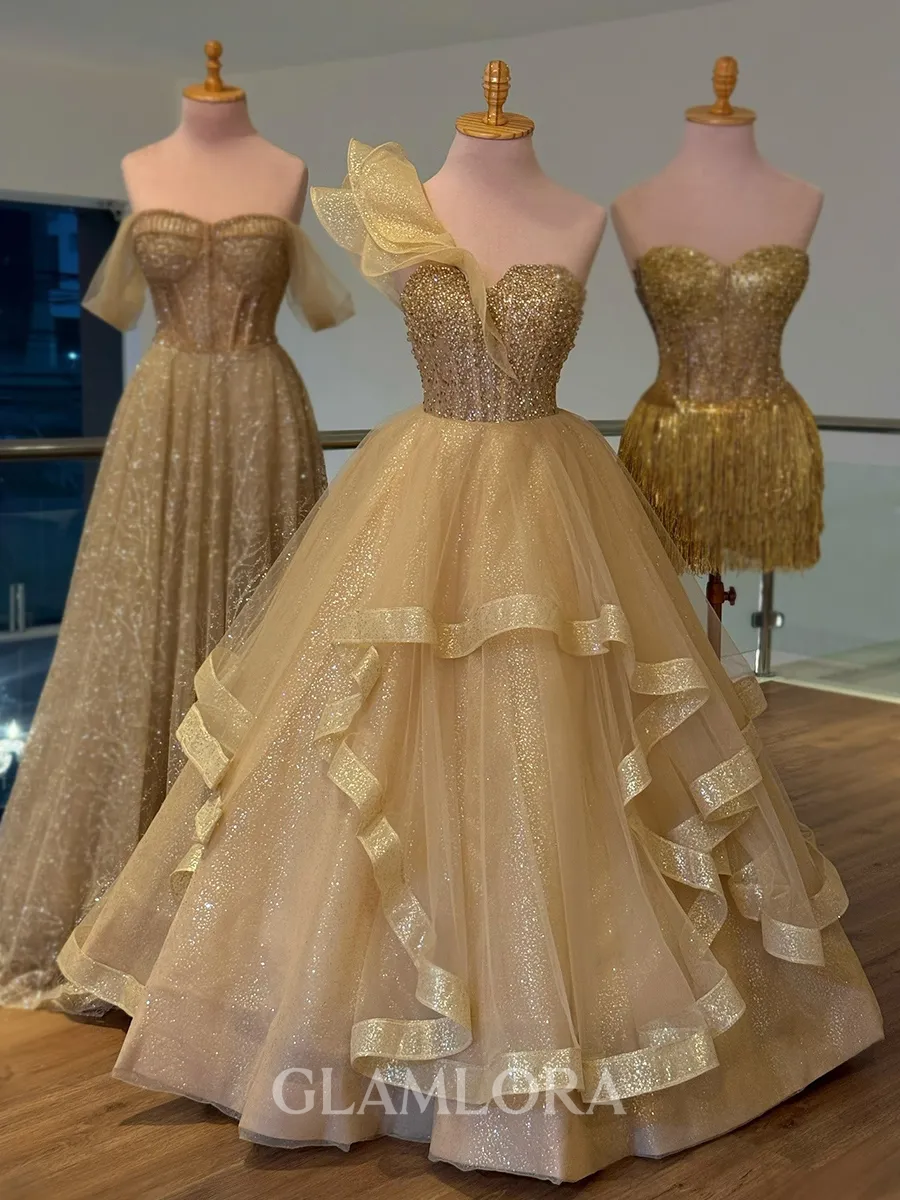 Magnificent A-Line One-Shoulder Sequin Floor-Length Corset Prom Dress