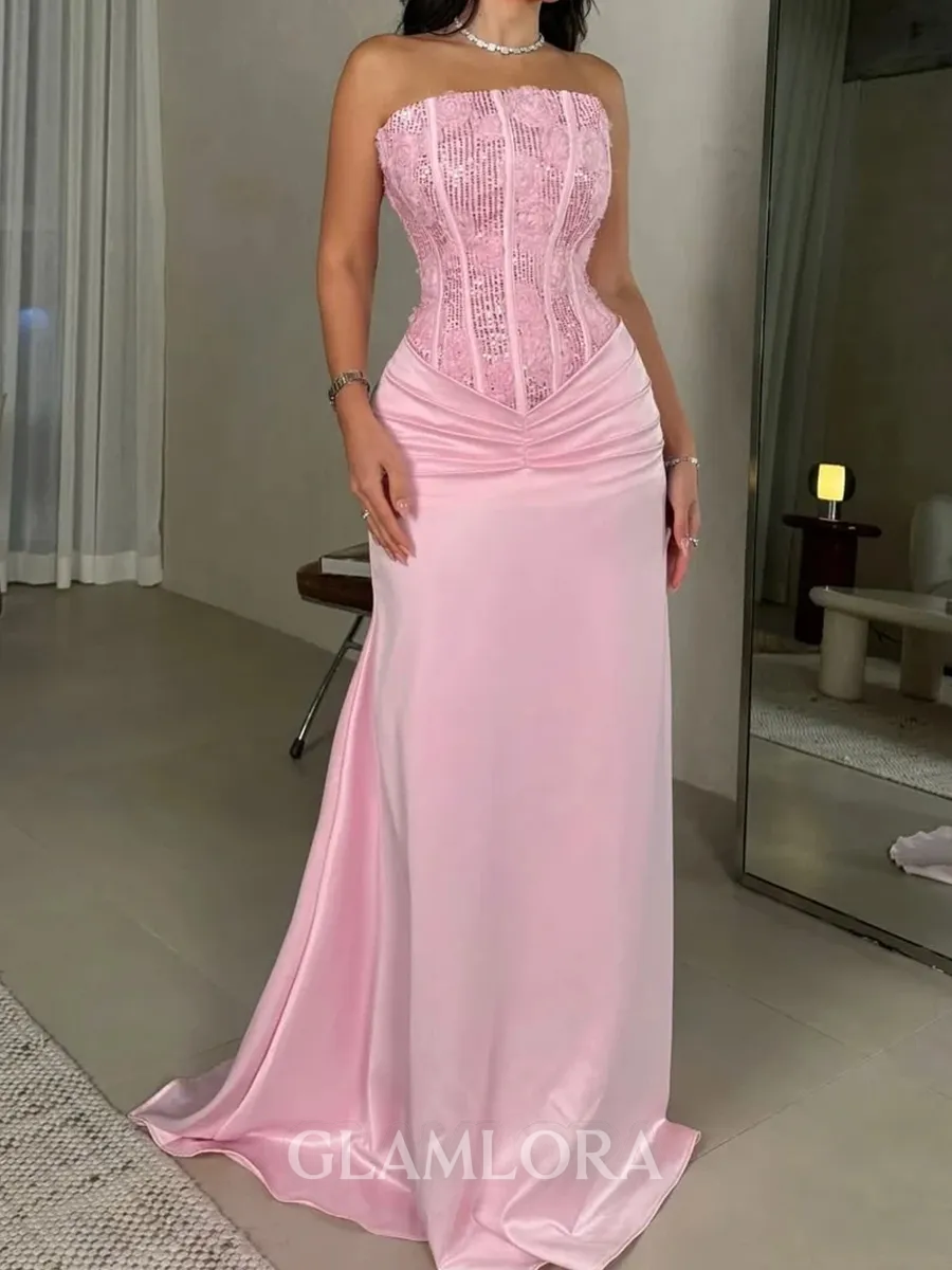 Extravagant Sheath Straight Pleated Sweep Train Silk Like Satin Corset Prom Dress