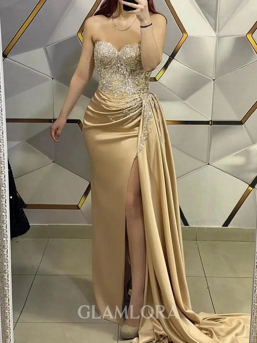 Unforgettable Sheath Sweetheart Pleated Floor-Length Silk Like Satin Corset Prom Dress