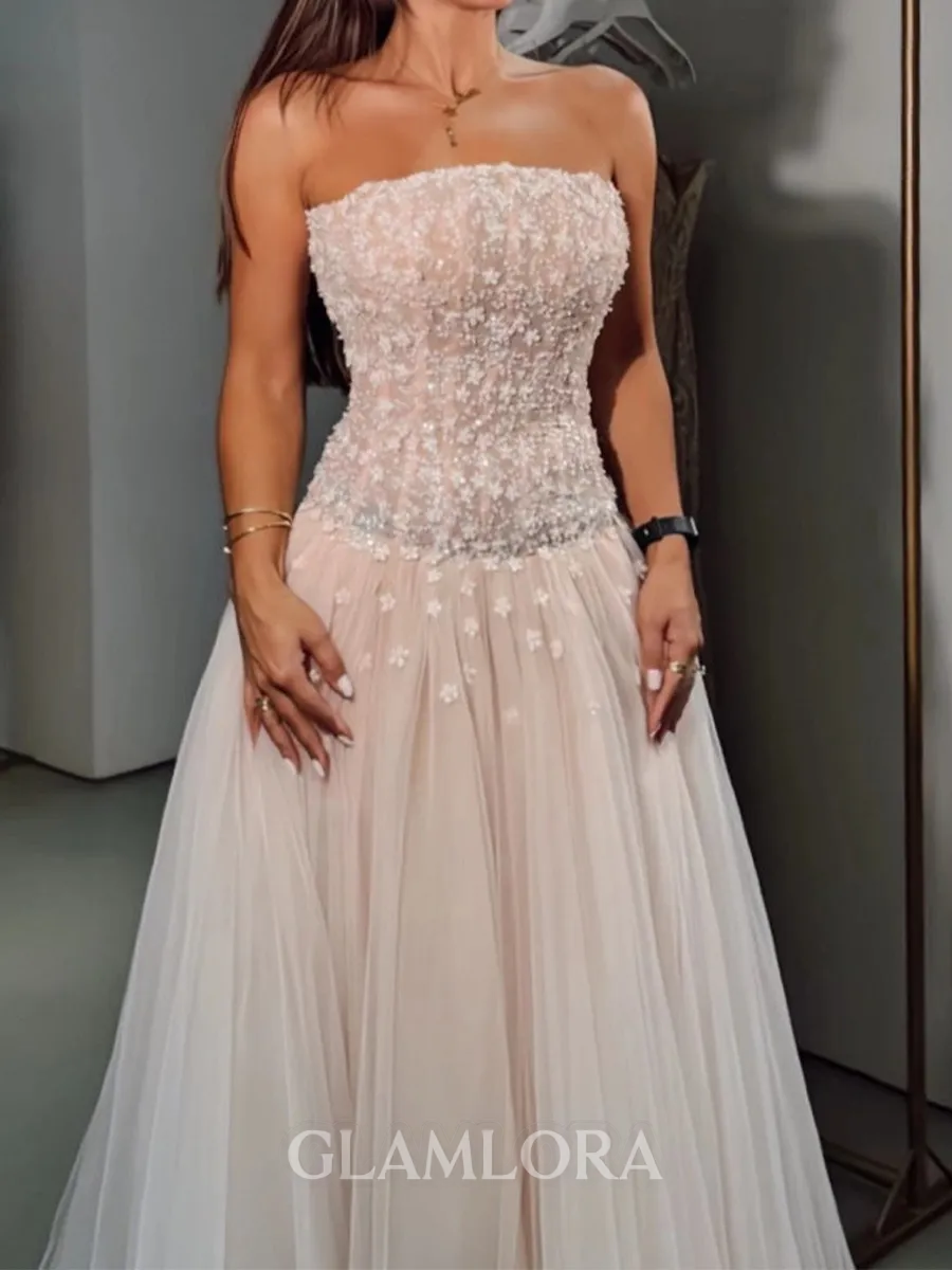 Classy A-Line Straight Flower Floor-Length Tulle Corset Prom Dress