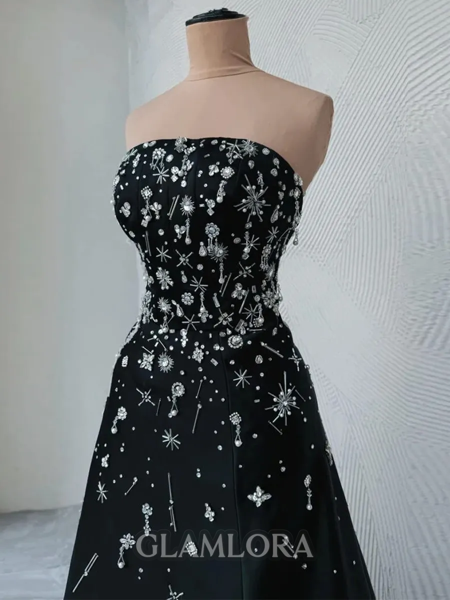 Glamorous A-Line Straight Rhinestone Floor-Length Satin Corset Prom Dress