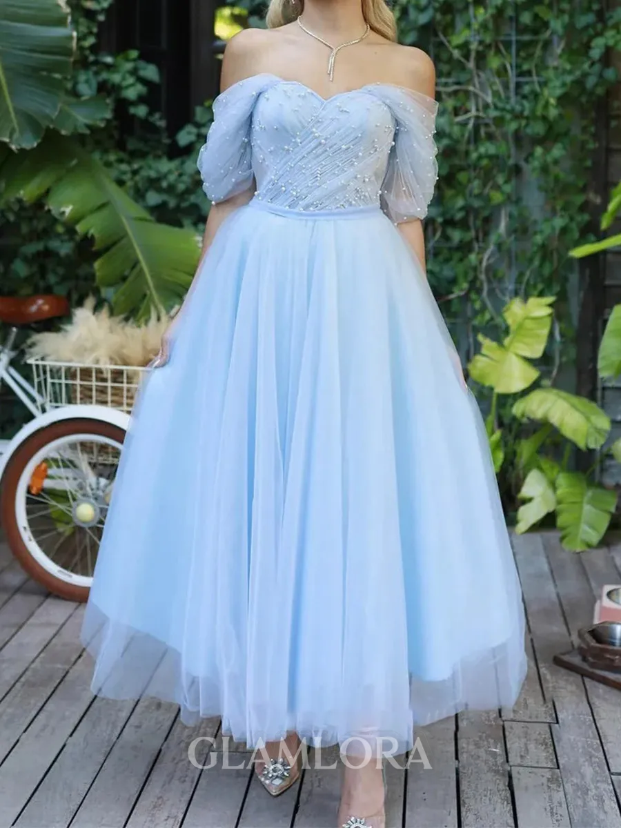 Charming A-Line Off-the-Shoulder Rhinestone Ankle-Length Tulle Prom Dress