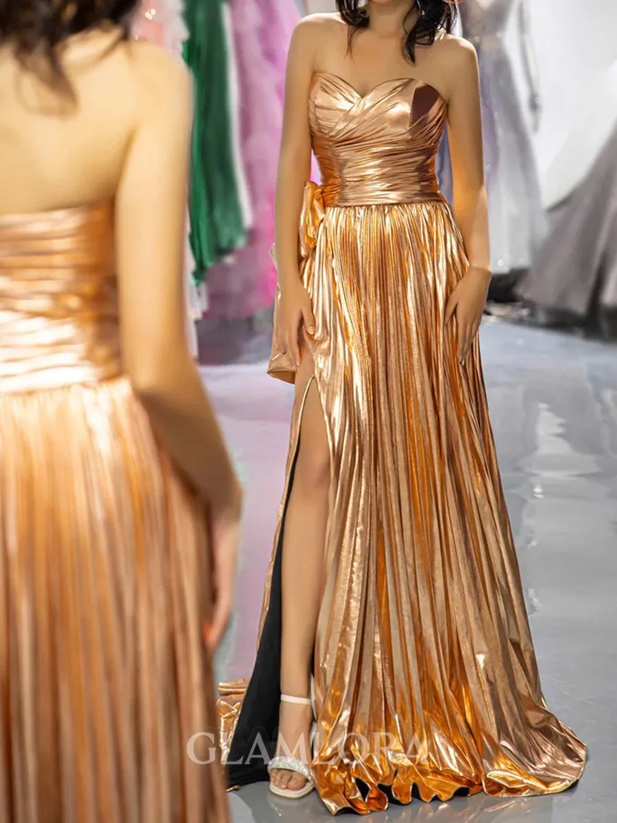 Glamorous A-Line Sweetheart Pleated Court Train Metallic Satin Corset Prom Dress