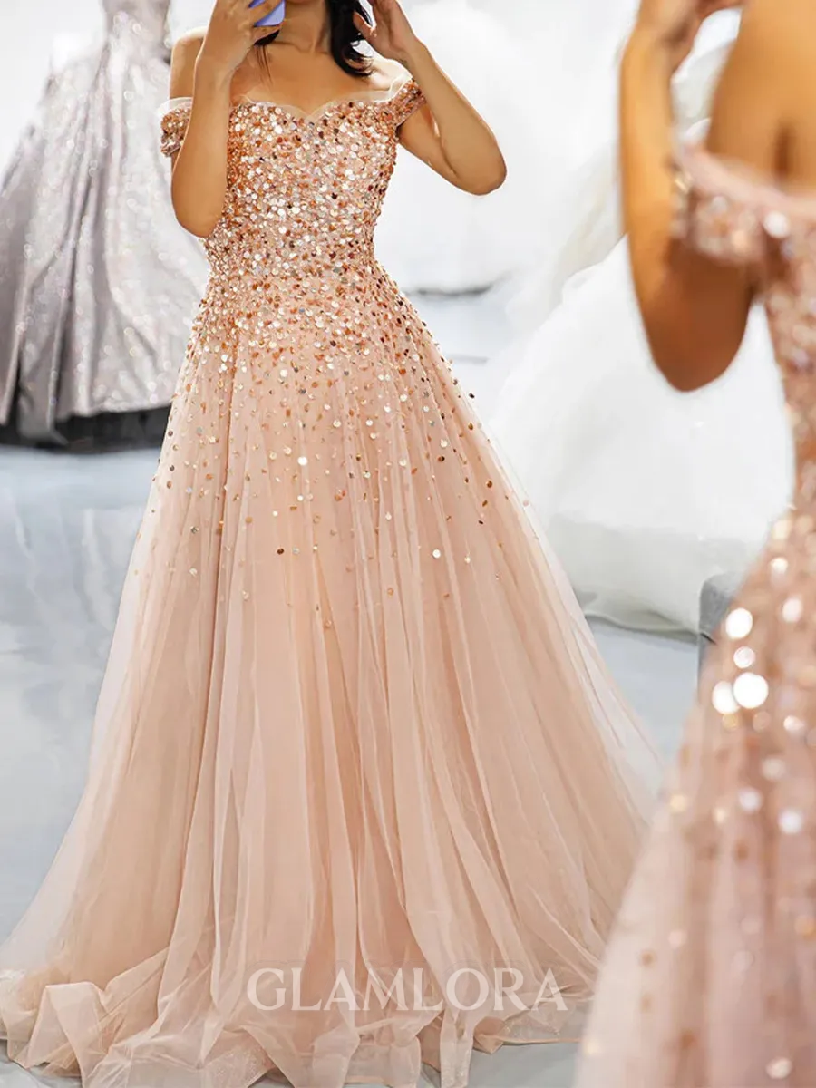 Elegant A-Line Off-the-Shoulder Sequin Floor-Length Tulle Corset Prom Dress