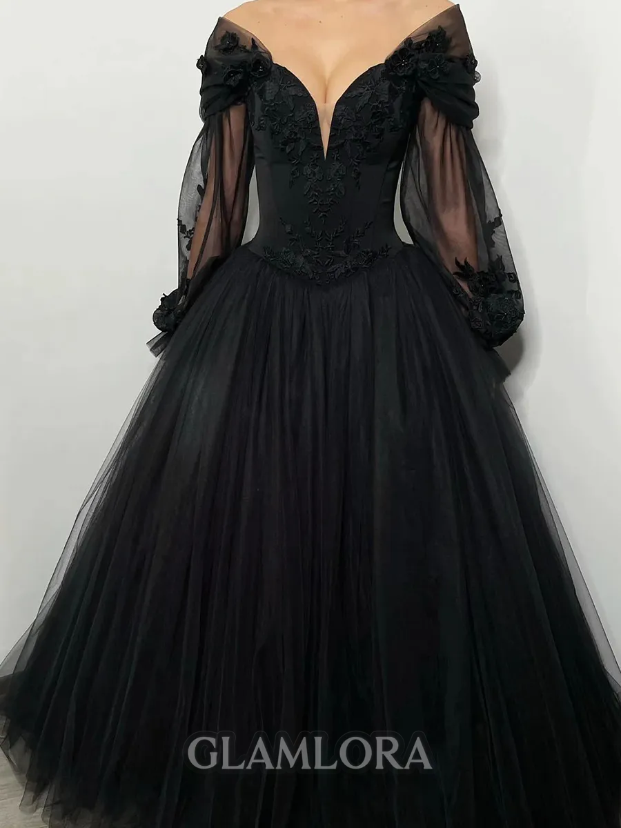 Stunning A-Line V-Neck Long Sleeves Flower Chapel Train Tulle Corset Prom Dress