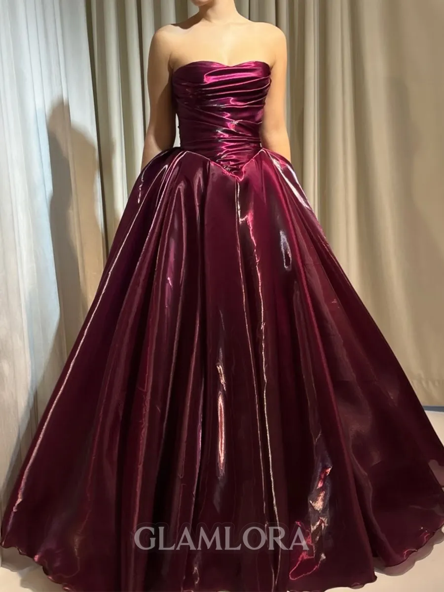 Splendid A-Line Straight Pleated Floor-Length Metallic Satin Corset Prom Dress