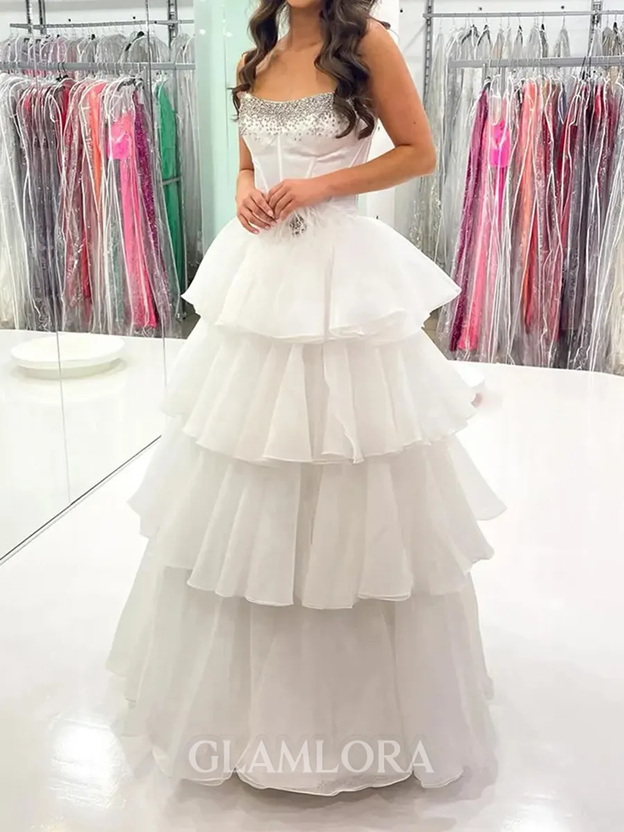 Breathtaking A-Line Straight Cascading Ruffles Floor-Length Tulle Corset Prom Dress