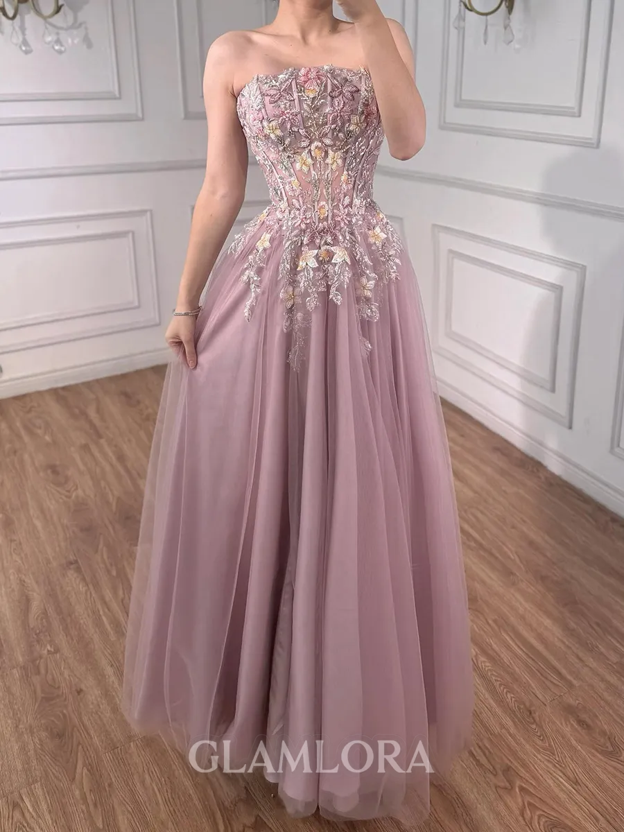 Gorgeous A-Line Straight Appliques Lace Floor-Length Tulle Corset Prom Dress