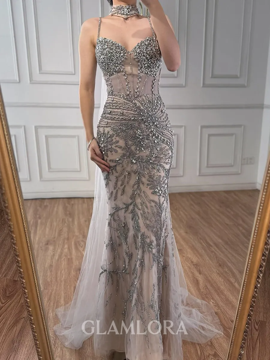 Luxurious Sheath Spaghetti Straps Beading Floor-Length Tulle Prom Dress