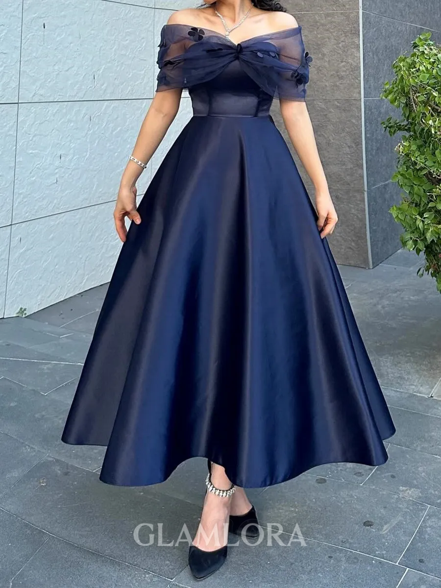 Show-stopping A-Line Off-the-Shoulder Flower Ankle-Length Satin Corset Prom Dress