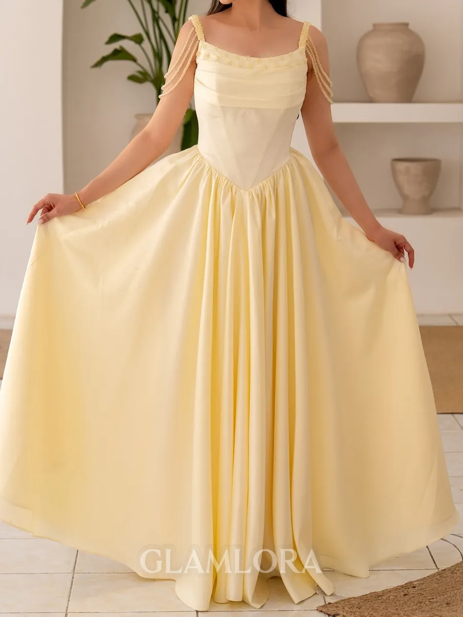 Captivating A-Line Spaghetti Straps Ruffles Floor-Length Silk Like Satin Corset Prom Dress