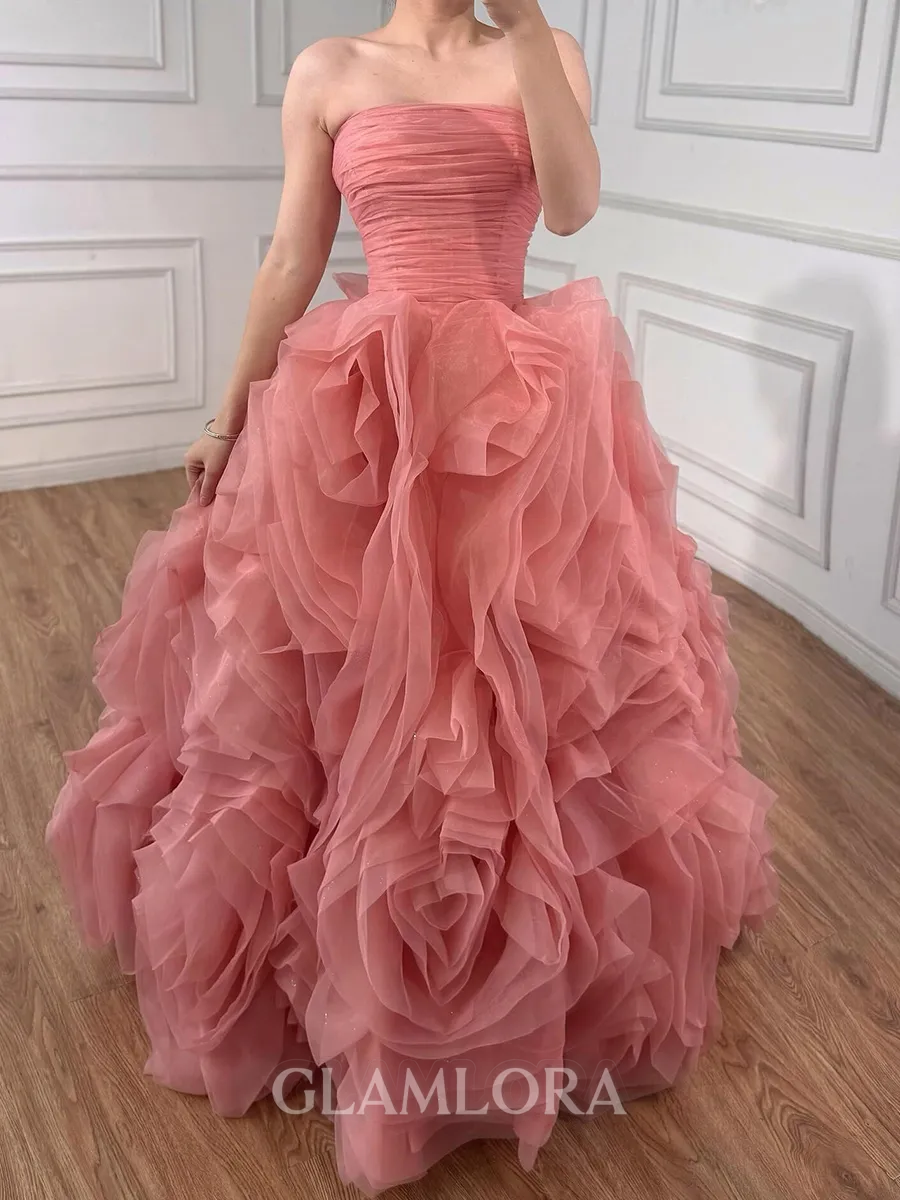 Striking A-Line Straight Cascading Ruffles Floor-Length Tulle Corset Prom Dress