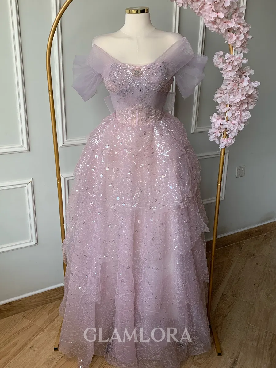 Extravagant A-Line Off-the-Shoulder Sequin Floor-Length Corset Prom Dress