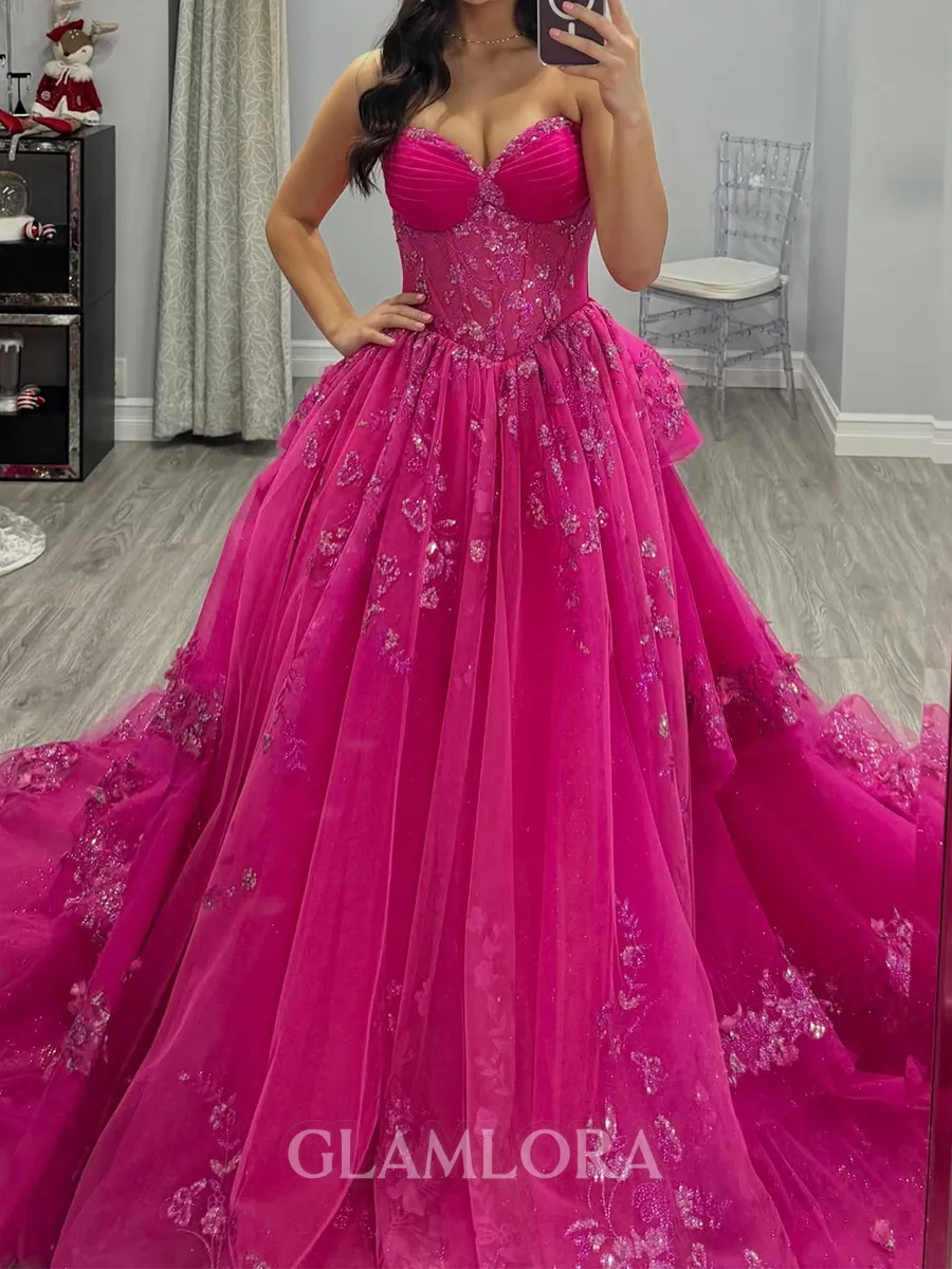 Fashion-forward A-Line Sweetheart Appliques Lace Court Train Tulle Corset Prom Dress
