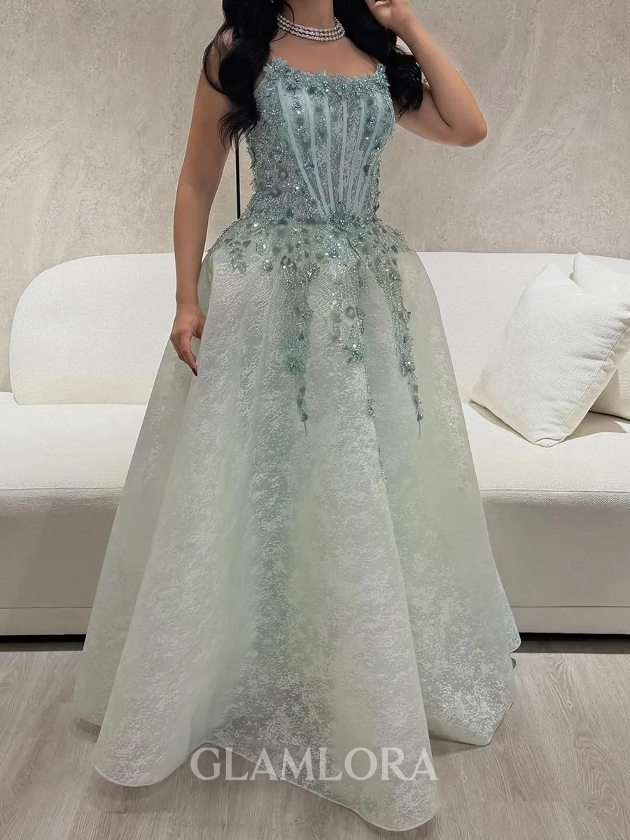 Classy A-Line Square Sequin Floor-Length Tulle Corset Prom Dress