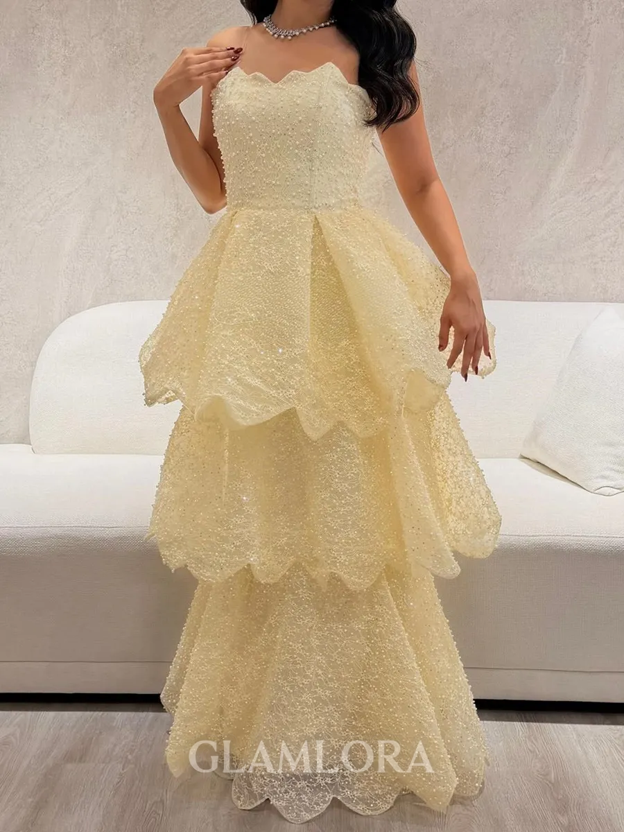 Glamorous A-Line Straight Cascading Ruffles Floor-Length Prom Dress