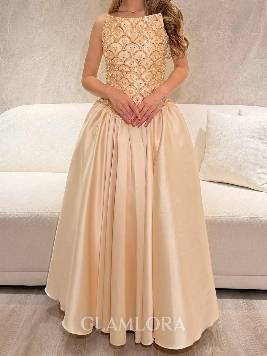 Hermosos A-Line Straight Sequin Floor-Length Satin Corset Prom Dress