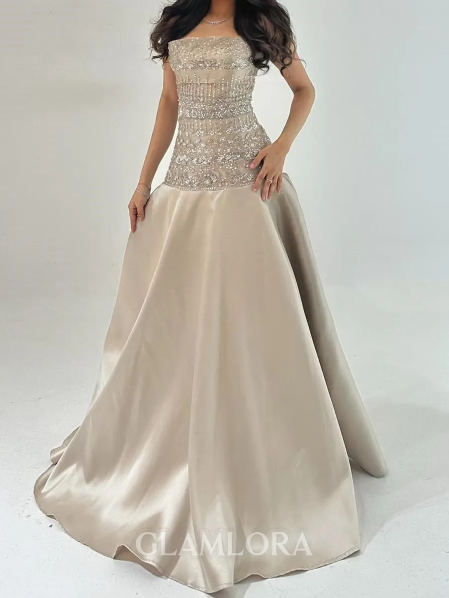 Trendy A-Line Straight Sequin Floor-Length Silk Like Satin Corset Prom Dress